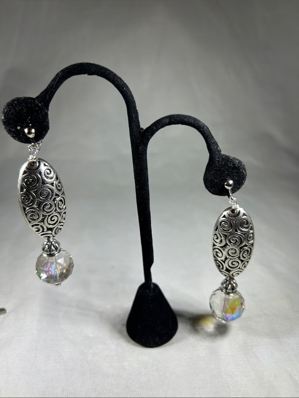 Silver-Tone filigree Drop Earrings with Iridescent Crystal